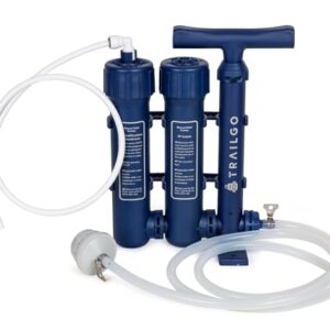 Trailgo Pro Portable Water Purifier with high-volume hand pump and 3-stage filtration system, perfect for group camping and emergency preparedness