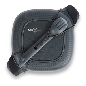 UCO Recycled ECO 5-Piece Camping Mess Kit including a plate, bowl, Switch Spork utensil set, and tether, designed for compact and eco-friendly outdoor dining.