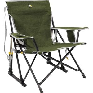 GCI Outdoor Kickback Rocker Camping Chair with drink holder and phone pocket, featuring a durable steel frame and mesh backing, perfect for outdoor relaxation