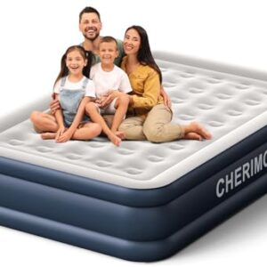 CHERIMOR Queen Air Mattress with built-in pump, showing its 18-inch height, velvety soft top, and carrying bag, designed for quick inflation and durability