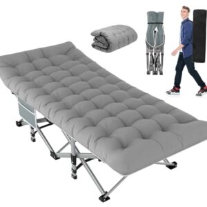 Slendor Camping Cot with mattress and pillow, showcasing its folding design and heavy-duty construction. Ideal for camping, travel, and office naps.