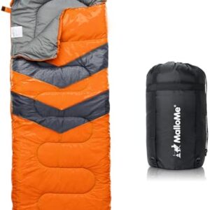 MalloMe 50-77°F sleeping bag for adults and kids, featuring a waterproof hex-tech outer shell, 3D synthetic fiber fill, and double-sided zippers