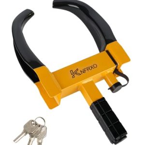 KNFRXO Heavy Duty Wheel Clamp Lock in bright yellow and black. Made from high-strength steel with a crescent-shaped lock cylinder