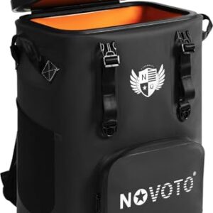 Novoto 30 Can Magnetic Backpack Cooler in black, featuring a hands-free magnetic lid, waterproof construction, and adjustable straps