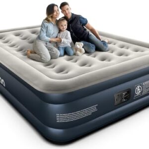 Comfortable iDOO Queen Air Mattress with Built-in Pump, set up in a cozy guest bedroom, showcasing its 18-inch height and durable design.
