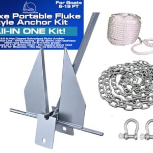 MarineNow Deluxe 5 lb Fluke Style Anchor Kit with galvanized steel construction, including a 98' anchor line, 6.5 feet of chain, and two 5/16" shackles. Designed for boats 10-18 feet with high resistance to rust and corrosion.