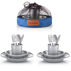 Complete Wealers Stainless Steel Mess Kit for 2-4 people in blue, including cups, plates, bowls, cutlery, and mesh bags. Ideal for camping, picnics, and outdoor dining