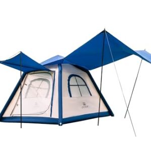 Instant Inflatable Camping Tent for 2-4 people set up in an outdoor setting, featuring quick inflation with an air pump and equipped with two windows for ventilation