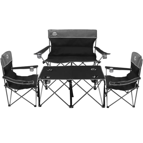 LANMOUNTAIN oversized 4-piece camping chair set with table, featuring heavy-duty lawn chairs with cup holders, ideal for family outings, picnics, and beach trips