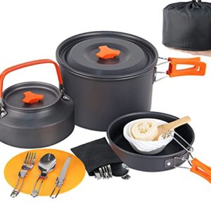 MEETSUN 18-Piece Camping Pot and Pan Set, including a 3L pot, 1L saucepan, 1.2L kettle, and various utensils, designed for lightweight, space-saving outdoor cooking with heat-resistant handles and eco-friendly materials.