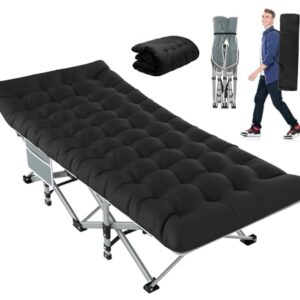 Slendor Folding Camping Cot with Mattress in black, showing its sturdy frame, soft removable mattress, and portable design, ideal for camping, office naps, and travel
