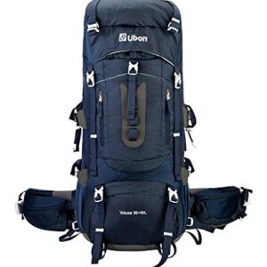 Ubon 60L lightweight internal frame backpack in blue, featuring durable 600D nylon fabric