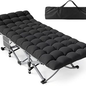 Heavy-duty camping cot with mattress, showcasing a foldable design for easy transport and storage, ideal for outdoor adventures or home use. Features durable 1200D Oxford fabric and a sturdy metal frame supporting up to 800 lbs.