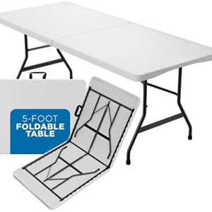 Sorfey 5-Foot Portable Plastic Folding Table with impact-resistant surface, secure latching closure, and comfortable carrying handle, ideal for parties, picnics, and events