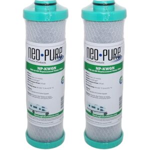 Neo-Pure FRE-10-GN RV water filter with activated carbon block and push-nipple cartridge design for effective water filtration