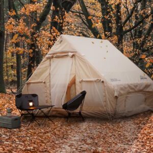 Spacious inflatable tent for family camping and glamping, showcasing its easy setup with a hand pump, waterproof and UV-resistant fabric, and mesh ventilation