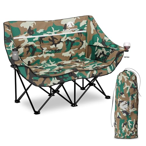 Camouflage Double Camping Chair with wine cup holders and carry bag, perfect for outdoor activities like fishing, BBQs, and music festivals