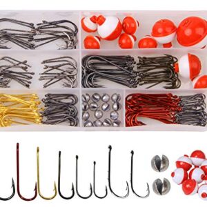 Complete 215-piece fishing tackle kit neatly arranged in a plastic box, featuring various hooks