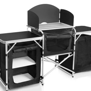 Portable Camping Kitchen Table with aluminum top and three storage bags, ideal for outdoor cooking, BBQs, and picnics. Features a foldable design for easy transport
