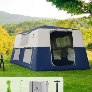 CORANI 14.1'x6.5'x9' Inflatable Tent in blue, showcasing a large family camping tent with 6 windows, 2 doors, mosquito screens, and a complete setup kit including a pump and stakes
