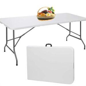 FT-USA 6ft folding table with a fold-in-half design, showing its white plastic surface and carrying handle, ideal for dining, picnics, and outdoor events