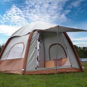 Umbalir Inflatable Camping Tent set up outdoors, showcasing its spacious interior, dual doors, and sturdy construction.