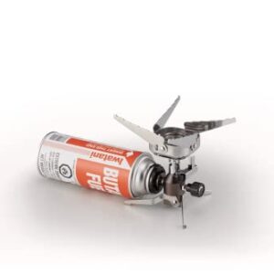 Ultra-lightweight and compact FORE WINDS by Iwatani camping stove with pushbutton ignition, designed for minimalist backpacking and outdoor adventures