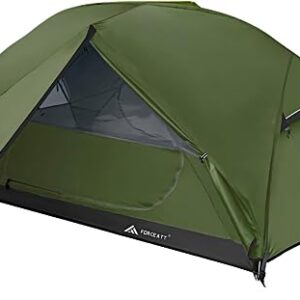 Forceatt Tent set up in a scenic outdoor setting, showcasing its 2-person capacity, waterproof features