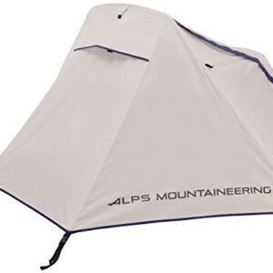 Gray and navy ALPS Mountaineering Mystique 1.5-Person Tent set up on the ground, showcasing its aluminum pole design, weatherproof fly, and vestibules. The tent is equipped with mesh doors, aluminum stakes, and guy ropes for added stability and ease of use. 