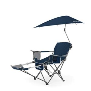 Sport-Brella Reclining Beach Chair with 3-position adjustability, detachable footrest, 3-way swiveling UPF 50+ umbrella, insulated drink pocket, cup holder, and zippered storage, ideal for beach and outdoor use.