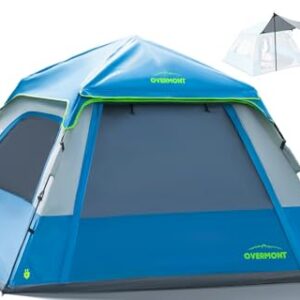 Overmont Instant Camping Tent with Tarp set up in a forest, showcasing its spacious interior and weather-resistant features