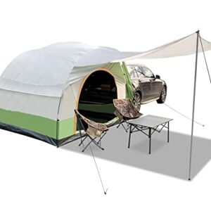 Hasika SUV Tent for car camping, showing a large tent attached to an SUV. The tent features a rainfly, multiple mesh windows, and entry doors, with a spacious interior suitable for 4-6 people