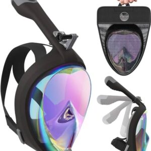 Full face snorkel mask with a 180-degree panoramic view, dry snorkel system, and built-in camera mount. Features anti-fog technology and foldable design for easy storage and transport.