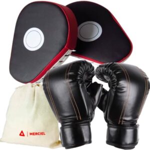 MERCIEL Boxing Gloves and Punching Mitts Set in red, featuring professional-grade design for boxing, MMA, Muay Thai, and kickboxing training