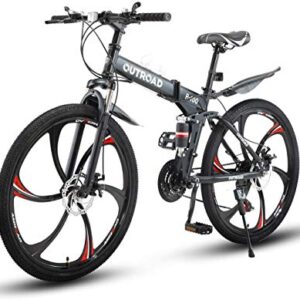 26-inch black folding mountain bike with full suspension, 21-speed gears, dual disc brakes, and ergonomic adjustable seat, designed for adults, teens, and versatile terrain riding.