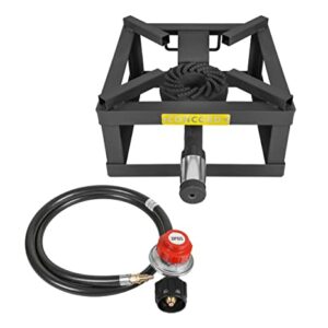 12-Inch Block Burner outdoor propane burner with cast iron head and powder-coated steel frame. Includes high pressure regulator hose and carrying handle, ideal for home brewing, camping, and tailgating. Shown in compact dimensions with sturdy build for reliable use.