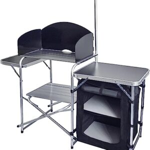 Folding camping grill table with spacious storage, multiple tabletops, and a zippered bag, perfect for outdoor cooking and BBQ