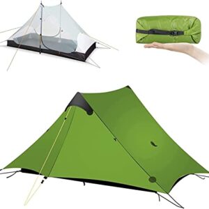 LanShan Ultralight 3-Season Backpacking Tent in green, showcasing its compact packed size and setup configuration. Ideal for hiking, camping, and climbing, with features like waterproof materials, easy assembly, and versatile use options.