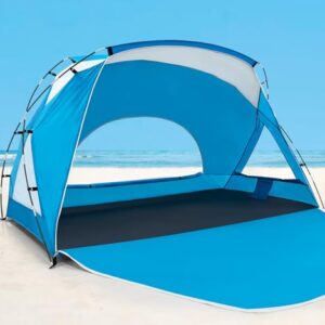 Calen Beach Tent with UPF 50+ UV protection, easy setup, and waterproof features. Spacious sun shelter for 3-4 people, ideal for beach days and outdoor activities