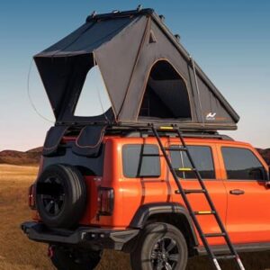 "Naturnest Hard Shell Rooftop Tent mounted on an SUV, showcasing its durable aluminum construction, spacious interior with 3-layer mattress, integrated LED lighting, and mesh windows. 