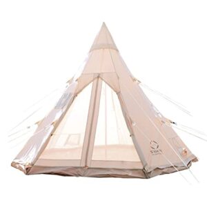 S'more Tippo 5-6 Person Canvas Tent set up in a picturesque outdoor setting, showcasing its spacious interior and teepee design.