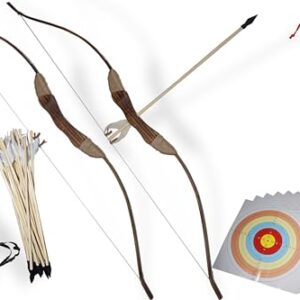 FSFF Wooden Bow and Arrow Set for kids, featuring two bows, sixteen feathered arrows, two quivers, armguards, targets, and a carrying bag, ideal for beginner archery and outdoor play
