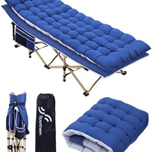 Sportneer Camping Cot with mattress, showcasing a portable and foldable design with double-sided pockets, sturdy frame, and a padded mattress, perfect for outdoor camping, travel, and indoor use