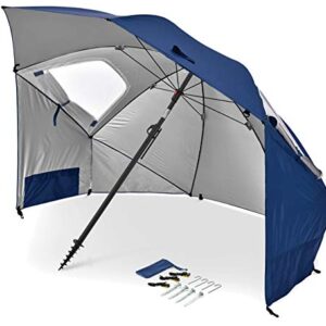 Sport-Brella Premiere 8-Foot Umbrella Shelter in blue, showing a large, open canopy with UPF 50+ UV protection, adjustable tilt pole, side panels for sun and rain protection, and included accessories like carry bag and stakes. Ideal for beach, camping, and outdoor events.