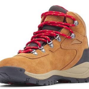 Columbia Women's Newton Ridge Plus Waterproof Hiking Boots in Elk/Mountain Red, featuring durable leather construction and Omni-GRIP traction outsole, perfect for outdoor adventures.