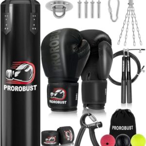 4ft PU heavy boxing bag set with adjustable weight, including 12oz boxing gloves, hand wraps, and other training accessories. Ideal for boxing, MMA, kickboxing, and overall fitness.