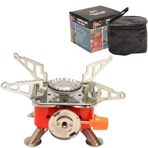 Compact windproof camping stove with foldable design and carrying bag, featuring a pure blue flame for efficient cooking and a 4000W power output, ideal for backpacking and hiking