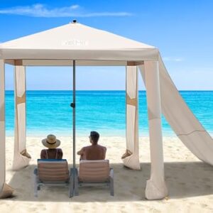 Vibemo Beach Cabana with adjustable height and removable side wall set up on the beach, featuring a portable carrying bag and UV protection