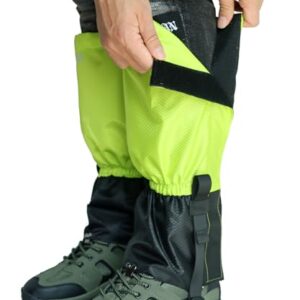 QTECLOR adjustable leg gaiters in black, blue, green, and purple, showcasing their snowproof and waterproof features in a mountainous environment