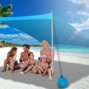 Beach Tent Sun Shelter set up on the sand, showcasing its spacious 7x7 ft design, with aluminum poles, sandbags, ground stakes, and a sand shovel included